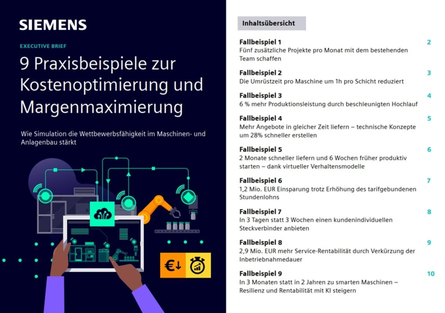Das Cover des Siemens Executive Briefs zeigt eine Grafik mit Händen, die ein Tablet mit Fabrik- und Maschinensymbolen halten. Der Text hebt Kostenoptimierung und Margenmaximierung anhand von neun praktischen Fallstudien hervor und enthält eine Inhaltsangabe auf der rechten Seite.