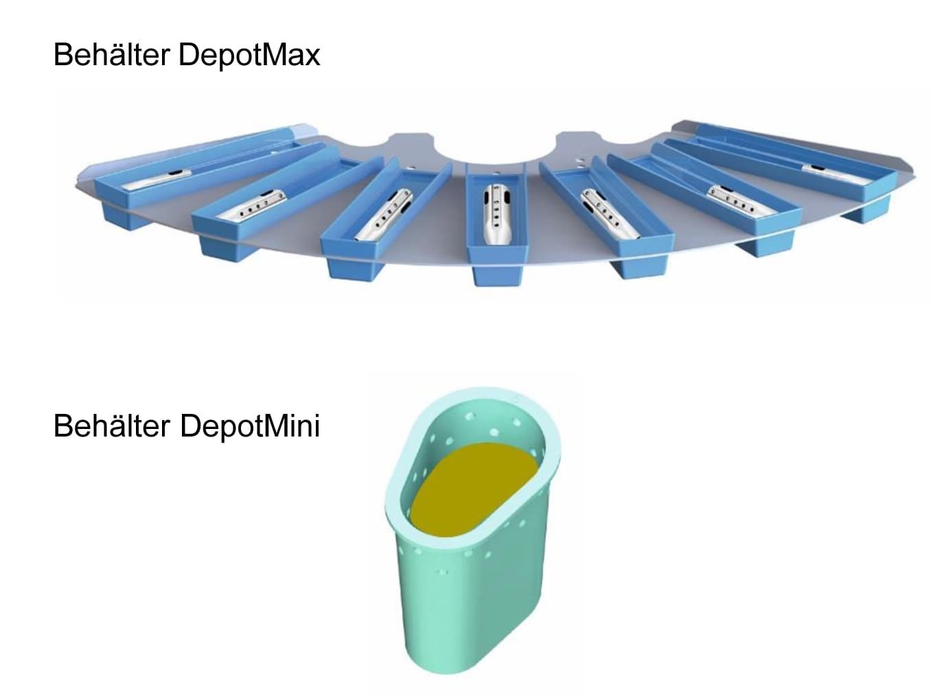 Werkstücke sind einzeln (DepotMax) oder in Öl (DepotMini) abgelegt.